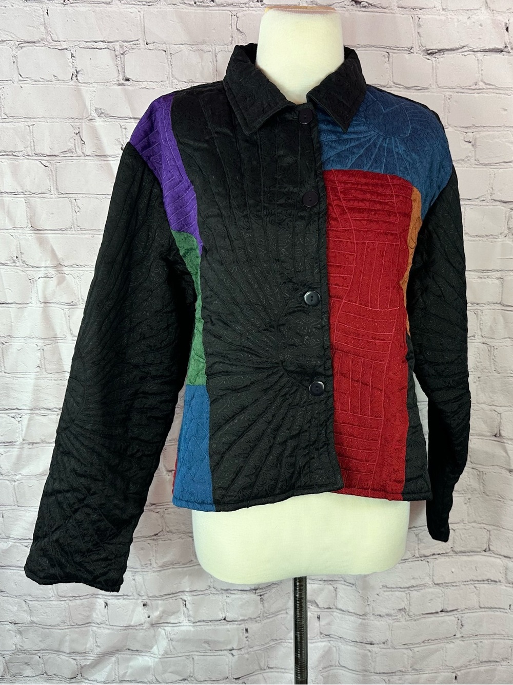 vtg 90s carrie allen Colorblock Quilted Jacket women L cotton boho patchwork